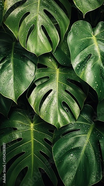 Fototapeta Close-up of monstera leaves with water drops tropical setting nature