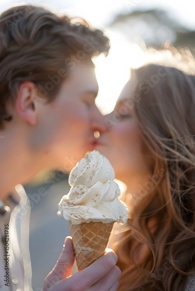Fototapeta A couple leans in for a kiss, holding a cone of vanilla ice cream in a scenic outdoor setting at sunset. Their joyful connection highlights the warmth of the moment