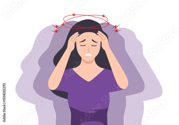 Obraz The woman suffers from nausea. Nausea during pregnancy, vomiting. Symptom of illness, health problems. Poisoning,Abdominal pain.Isolated flat vector illustration