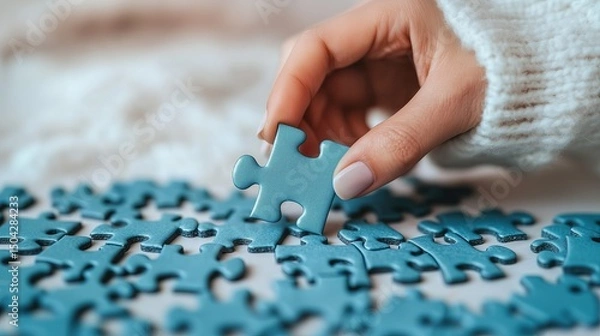 Obraz Solving a puzzle at home hand close-up lifestyle cozy setting