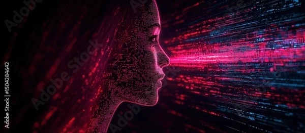 Obraz Digital art portrait of woman in data stream futuristic environment