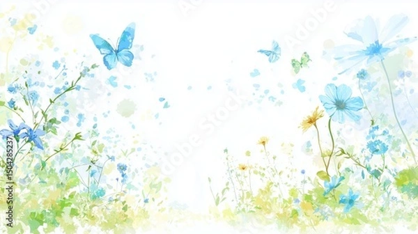Fototapeta An illustration of a watercolor with blue and yellow wildflowers arranged along the edge of the screen.