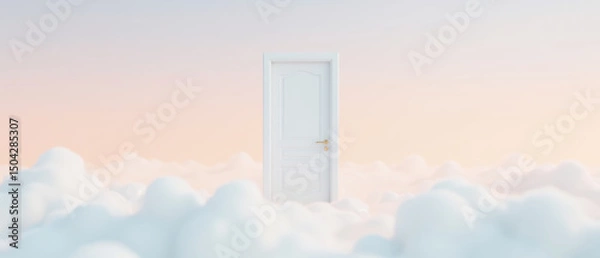 Fototapeta Surreal white door stands amidst fluffy clouds, creating dreamlike atmosphere that evokes curiosity and wonder