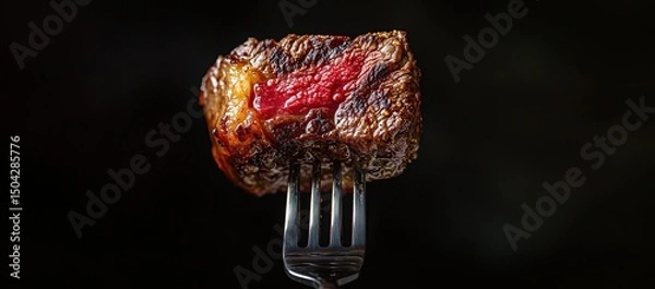 Obraz Sizzling steak on fork gourmet dining culinary delight dark background