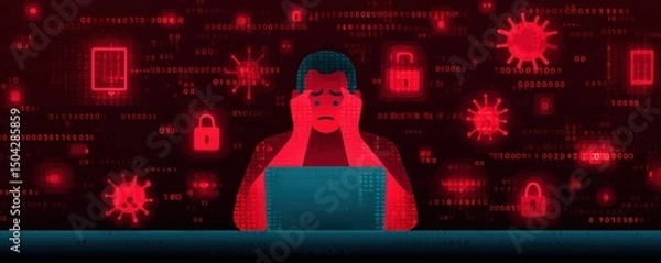 Obraz Digital stress man struggles with cybersecurity threats at home