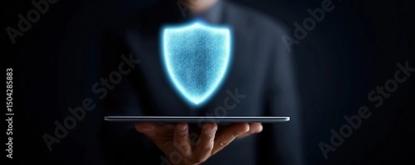 Obraz Tablet device cybersecurity shield in dark business atmosphere