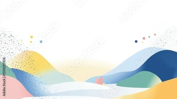 Fototapeta A modern abstract landscape composed of gently layered hills in vibrant pastel tones and artistic splatter dot effects on both sides.