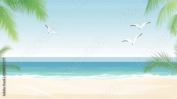 Fototapeta Calm coastal scene with clear sky, seabirds, and gentle waves.