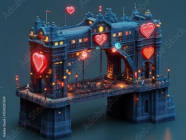 Fototapeta An illuminated architectural bridge structure decorated with heart symbols