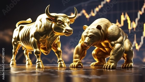 Fototapeta Golden Bull and Bear Statues with Stock Market Chart Background, Symbol of Financial Market Trends, Investment, and Trading