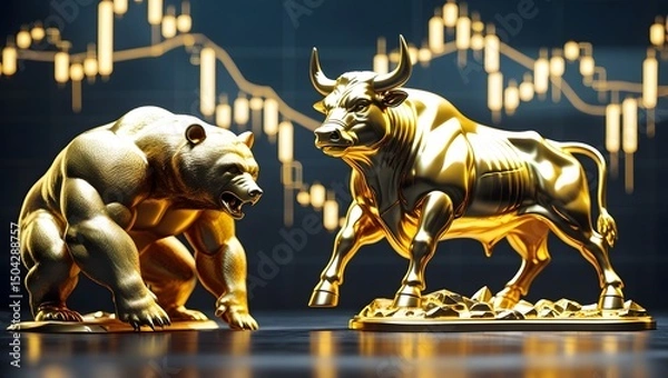 Fototapeta Golden Bull and Bear Statues with Stock Market Chart Background, Symbol of Financial Market Trends, Investment, and Trading