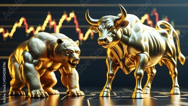 Fototapeta Golden Bull and Bear Statues with Stock Market Chart Background, Symbol of Financial Market Trends, Investment, and Trading