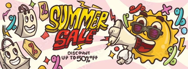 Fototapeta sun cartoon mascot holding megaphone for summer salle banner concept. summer sale banner template vector illustration