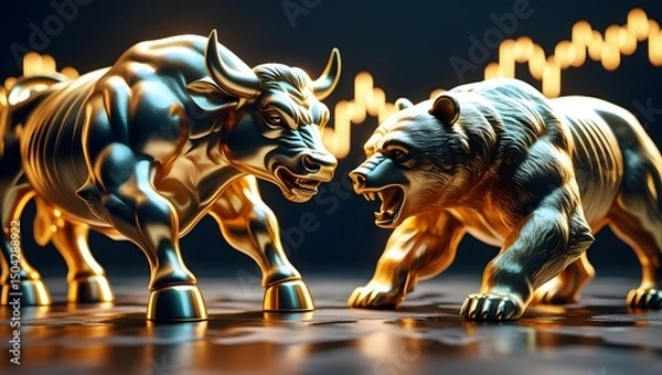 Fototapeta Golden Bull and Bear Statues with Stock Market Chart Background