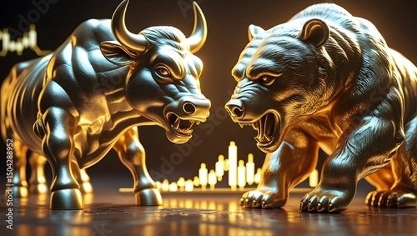 Fototapeta Golden Bull and Bear Statues with Stock Market Chart Background, Symbol of Financial Market Trends, Investment, and Trading