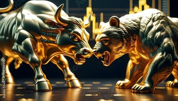 Fototapeta Golden Bull and Bear Statues with Stock Market Chart Background