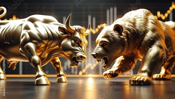 Fototapeta Golden Bull and Bear Statues with Stock Market Chart Background