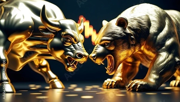 Fototapeta Golden Bull and Bear Statues with Stock Market Chart Background, Symbol of Financial Market Trends, Investment, and Trading
