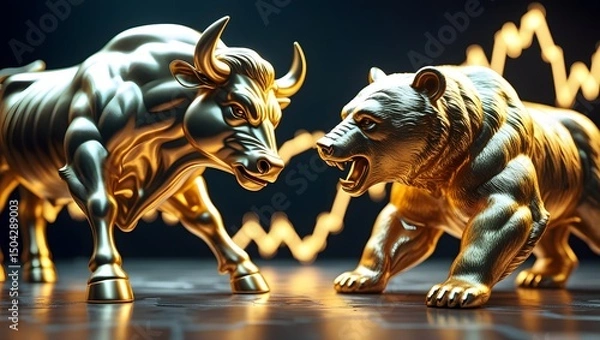 Fototapeta Golden Bull and Bear Statues with Stock Market Chart Background, Symbol of Financial Market Trends, Investment, and Trading