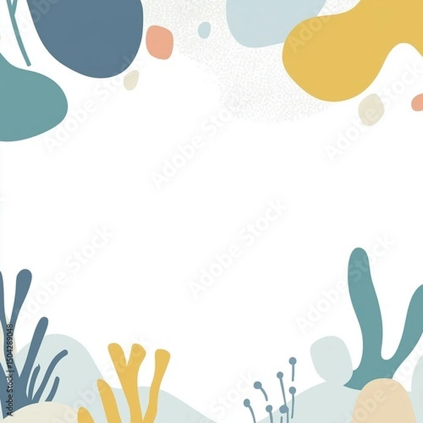 Fototapeta An abstract marine plant-themed frame in a soft and soothing pastel palette, combining hues of blue, yellow, and beige.