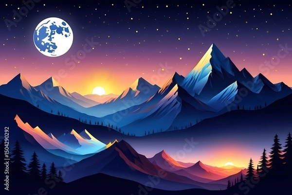 Fototapeta Pixel Sunset Mountains Moon and Starry Sky