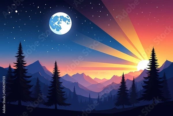 Fototapeta Pixel Art Celestial Convergence  Sunrise and Moonrise over Mountain Range