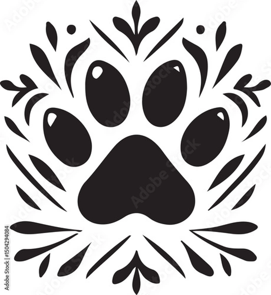 Fototapeta Paw Print Emblem: Artistic expression of a paw print, adorned with a decorative flourish of floral and abstract elements, conveying a sense of care and connection.