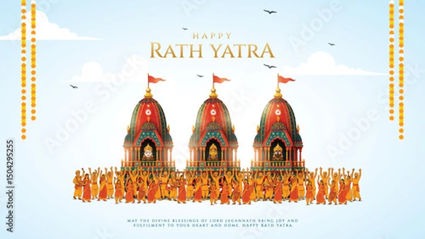 Obraz Indian festival Ratha Yatra of Lord Jagannath, Balabhadra and Subhadra on Chariot with people. new abstract vector illustration design.  Rath Yatra Lord Jagannath festival Holiday background.