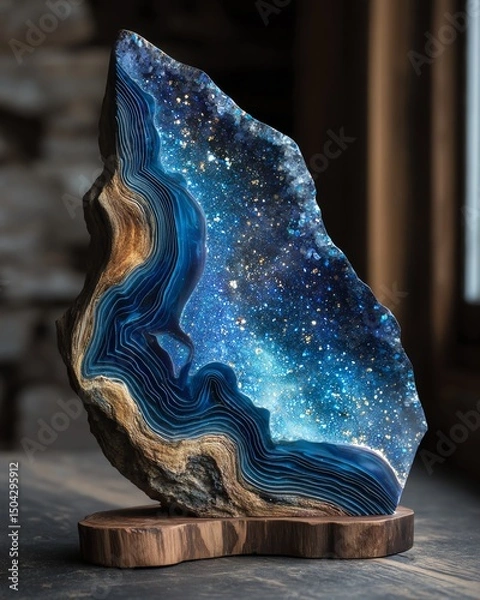 Obraz galaxy-inspired geode slice, iridescent blue, cosmic opal, deep starry textures fused into crystalline rock layers, surreal mineral art,