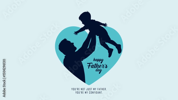 Obraz Happy Father's Day with dad and children silhouettes. Vector greeting card with a nice message of Father's Day. Happy Father's day greeting illustration.