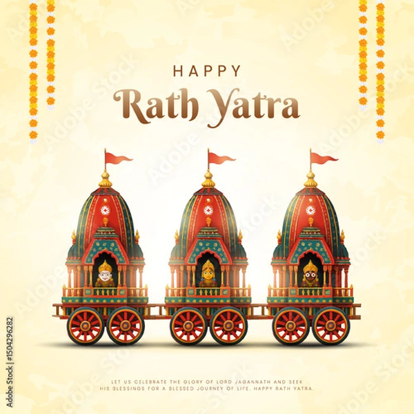 Obraz Indian festival Ratha Yatra of Lord Jagannath, Balabhadra and Subhadra on Chariot with people. new abstract vector illustration design.  Rath Yatra Lord Jagannath festival Holiday background.