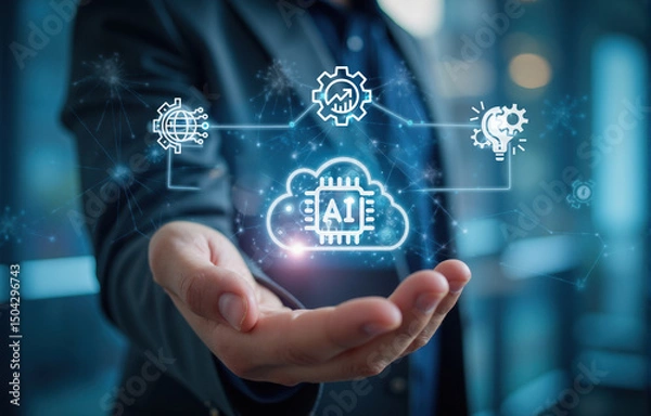 Fototapeta AI cloud computing concept in business technology hand shows artificial intelligence symbols gears graphs global communication internet innovation digital system futuristic