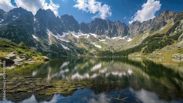 Fototapeta Serene mountain lake reflecting majestic peaks under blue sky