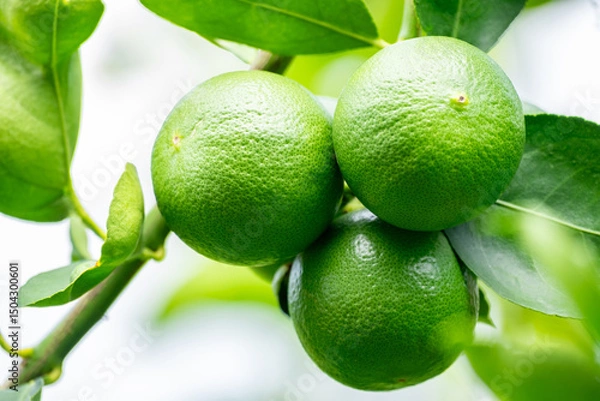Fototapeta Green lemons is citrus  fruits on a branch with nature background. Green Lemons tree in the garden with daylight. Fresh green lime fruit hanging from branch.