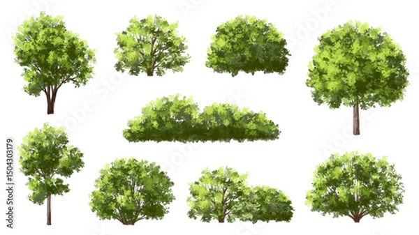 Fototapeta Vertor set of green tree,plants side view for landscape elevations,element for backdrop,eco environment concept design,watercolor greenery scene,shrub