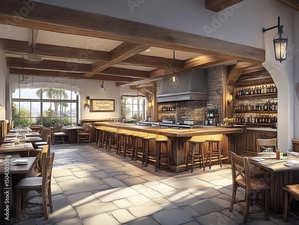 Fototapeta An inviting interior design showcasing a rustic restaurant with ample seating