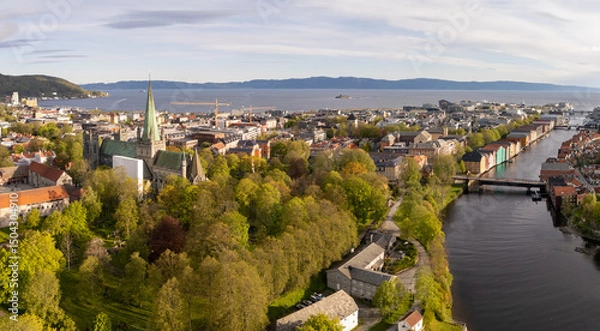 Fototapeta Nidaros Cathedral, and downtown Trondheim, Norway, aerial panoramic view, spring colors, historical buildings