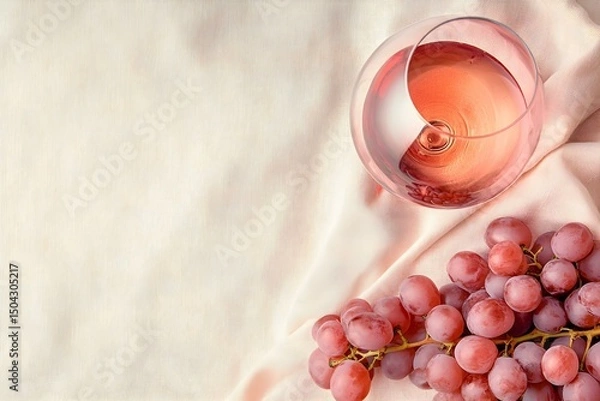 Fototapeta Pink Wine Glass and Grapes on Linen Cloth Flatlay – Elegant and Rustic Composition