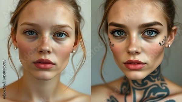 Fototapeta Transformation Sequence: Natural Beauty to Expressive Artistry
Concept: Evolution, self-expression, contrast
