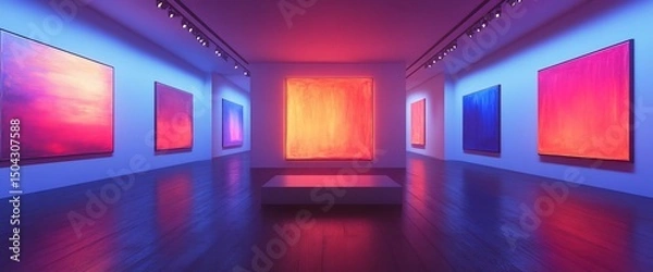 Fototapeta Illuminated canvases on display in a modern art gallery with colorful lights
