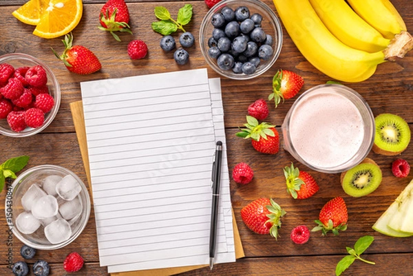 Fototapeta Top view of fresh different fruits for cooking smoothies with notebook  on rustic wooden table. Healthy eating diet planning menu or recipe background with copy space