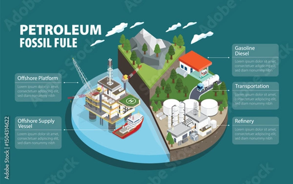 Fototapeta Integrated Energy: Offshore Operations and Refining Systems in Isometric graphic