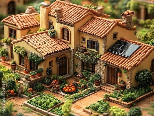 Fototapeta A miniature quaint Mediterranean home with a beautiful garden setup
