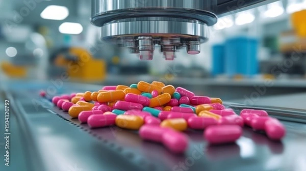 Fototapeta AI-controlled tablet counting machine in pharmaceutical facility,