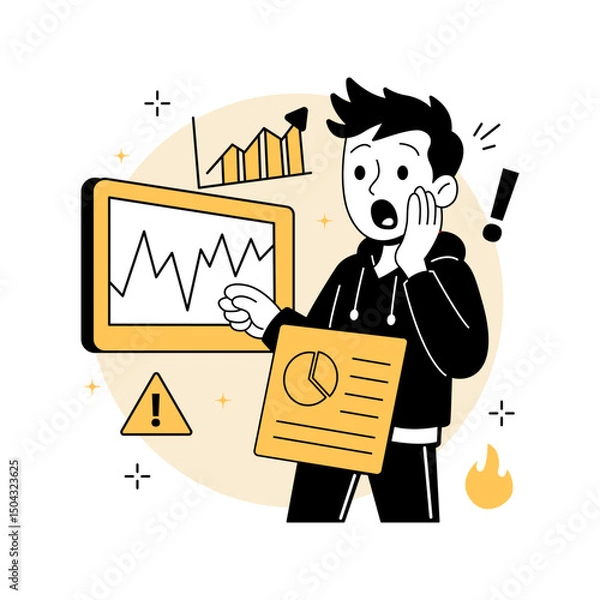 Fototapeta a shocked man reacting to volatile stock market charts. Ideal for financial dashboards, web pages, fintech apps, and market analysis illustrations. in a modern Stock Market flat vector illustrations