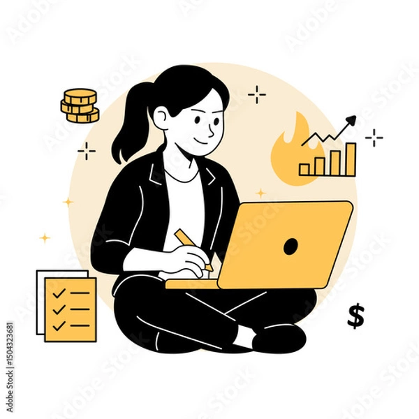 Fototapeta a woman analyzing stock charts on a laptop. Perfect for finance dashboards, investment web pages, fintech apps, and trading platform illustrations. in a modern Stock Market flat vector illustrations