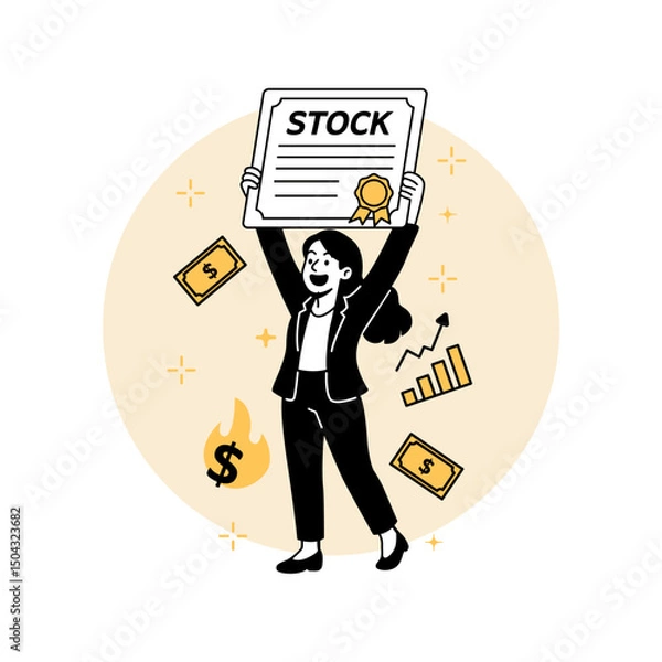 Fototapeta a woman proudly holding a stock certificate. Ideal for financial web pages, fintech apps, investing platforms, landing pages, and stock market visuals