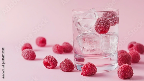 Fototapeta A glass of water with ice and raspberries on a pastel-colored background, in a pink hue, suitable for advertising or menu design