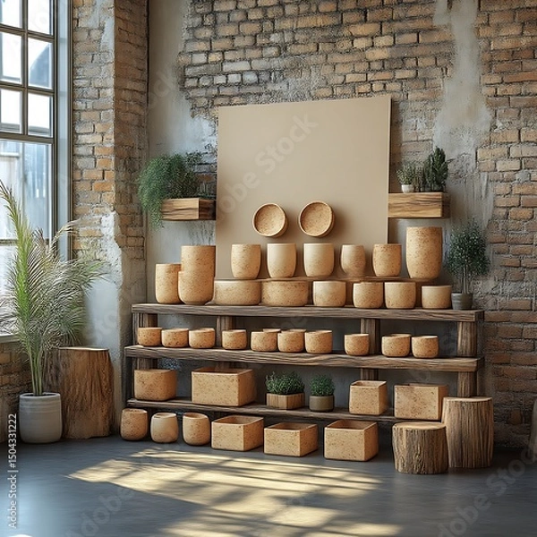 Fototapeta Collection of various cork pots displayed on rustic wooden shelving