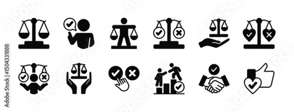 Fototapeta Legal ethics scale of justice icon vector set. Contains law, truth, honesty, integrity, sincerity, morality, agreement handshake, court, judgement, judgment, balance. Illustration